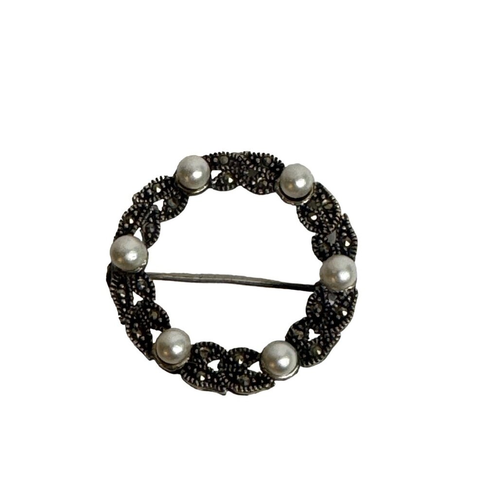 Vintage Sterling Silver And Pearl Circle Brooch Pin 1.5"  4.66g